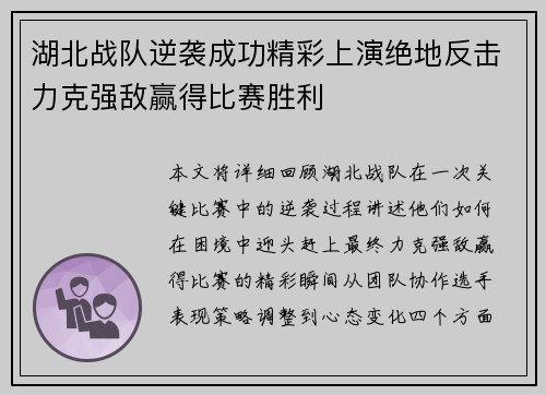 湖北战队逆袭成功精彩上演绝地反击力克强敌赢得比赛胜利